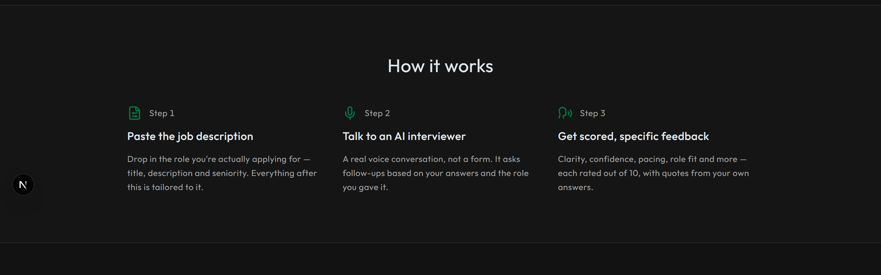 Three steps from the landing page: paste the job description, talk to an AI interviewer, then get scored specific feedback — clarity, confidence, pacing and role fit, each rated out of ten with quotes from your own answers.