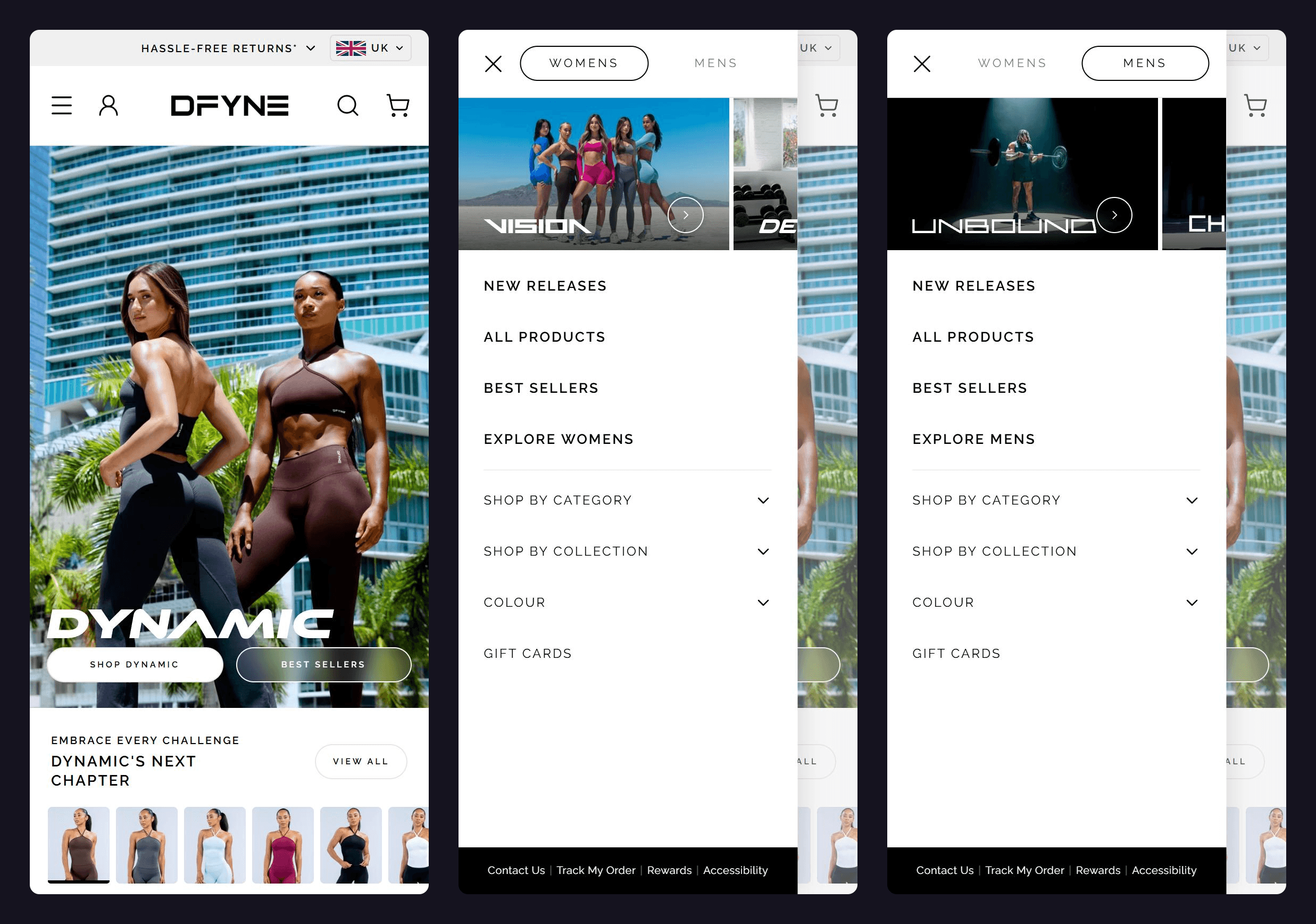 Three phone screens side by side: the homepage hero, the navigation drawer on womenswear, and the same drawer on menswear with different promo tiles.
